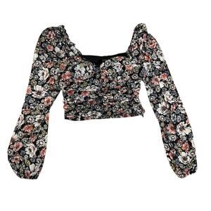 Forever 21 Long Sleeve Crop Top Womens XL Black Floral Going Out Whimsigoth